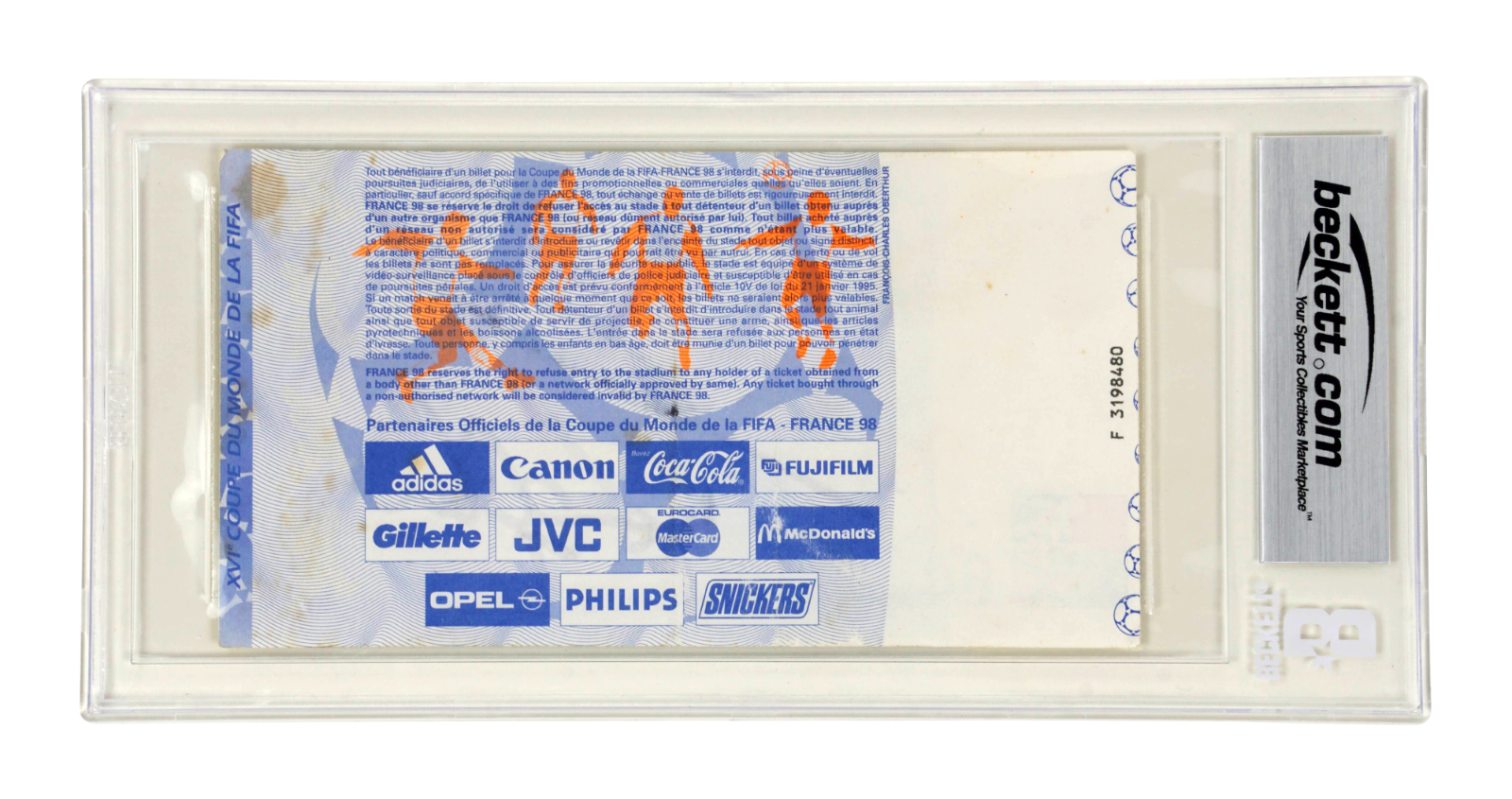 Ronaldo Nazario & Zidane Signed 1998 World Cup Final Match Ticket – BGS 4